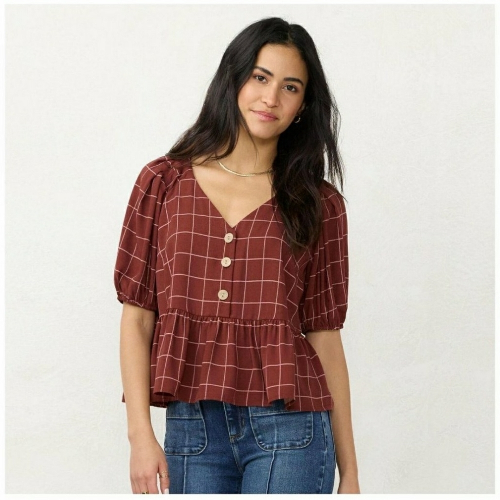 LC Lauren Conrad Burgundy Plaid Button Cropped Peplum Blouse
